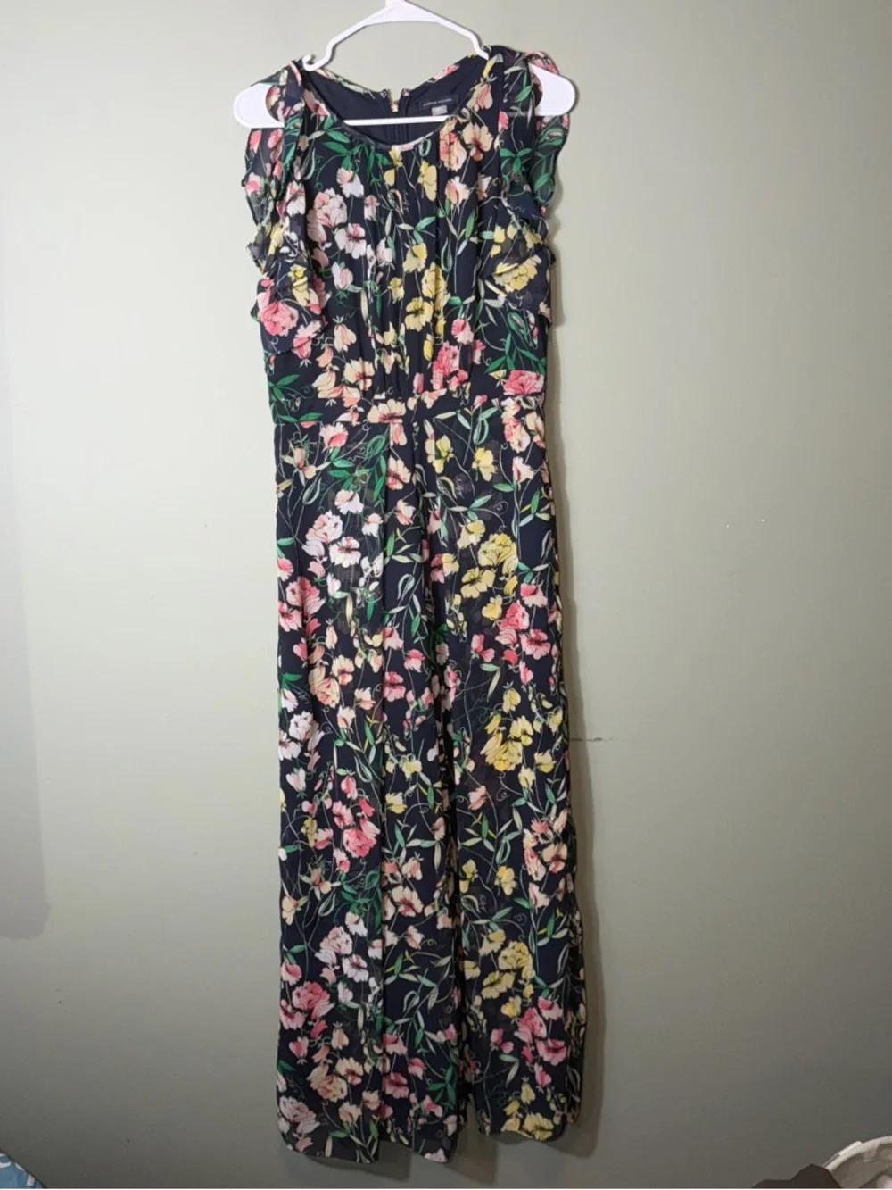 Tommy Hilfiger Women’s Blue Pink Floral Printed Ruffled Wide Leg Jumpsuit Size 8